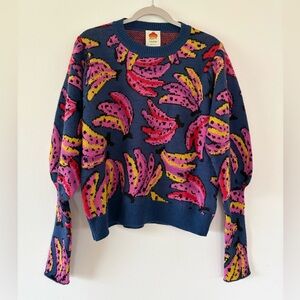 Farm Rio Banana Bunch Pattern Bishop Sleeve Sweater Women’s Size Large